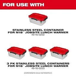 Stainless steel containers with red lids compatible with the M18 Jobsite Lunch Warmer displayed on a white background.