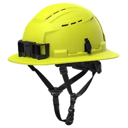 BOLT™ High Visibility Green Full Brim Vented Safety Helmet – Type 2, Class C features a bright green color, venting slits on the top, and a full brim for added protection. It includes an adjustable chin strap and a mounting clip on the front.