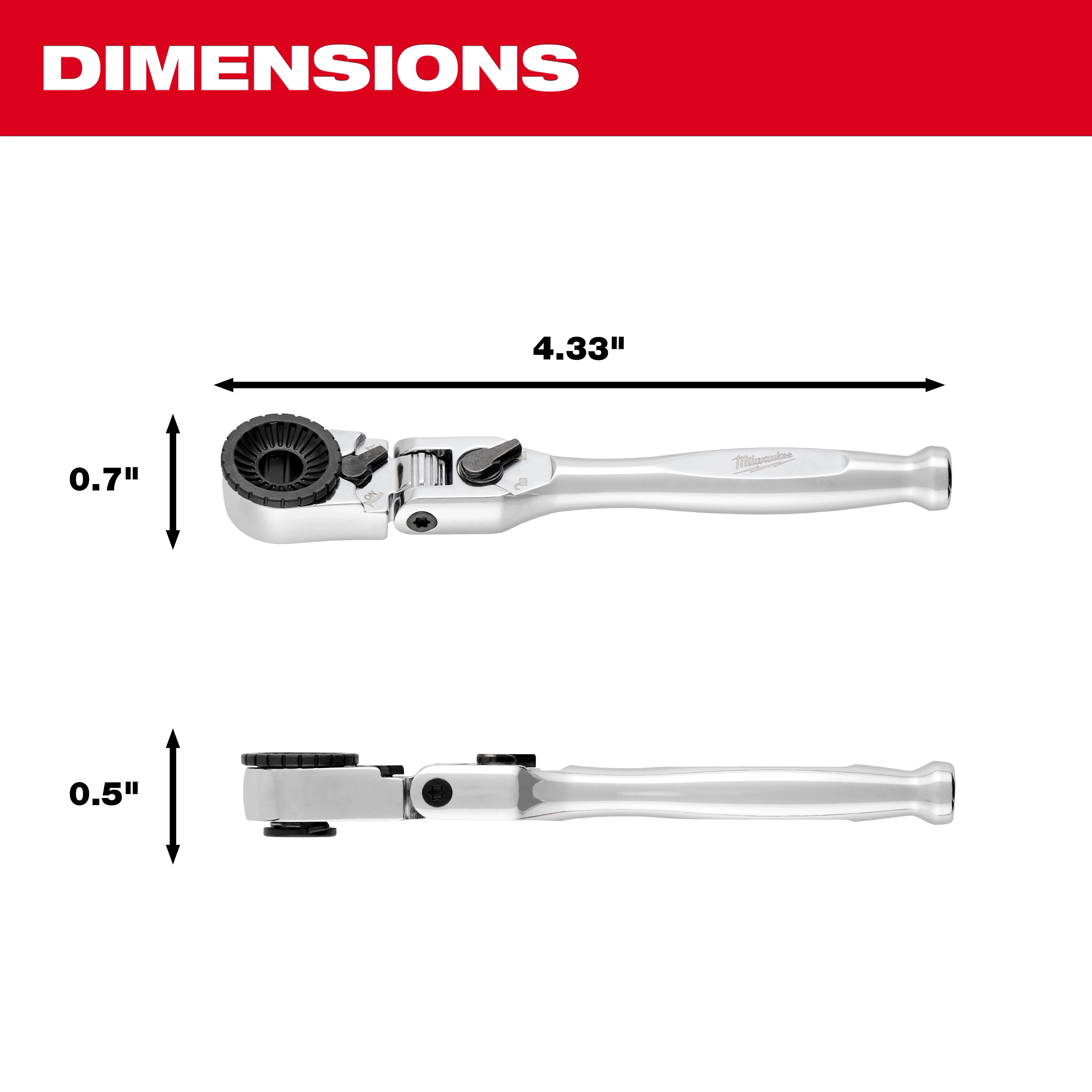 1/4” Hex Drive Mini Flex Head Bit Ratchet shown from top and side with labeled length, width, and height measurements.