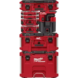 M18 FUEL PACKOUT 2.5 Gallon Wet/Dry Vacuum in a red casing with various stackable compartments and locking latches.