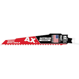 The 6" 5 TPI AX™ w/NITRUS™ Carbide Teeth SAWZALL® Blade for Wood with Nails has a red and black design. It features carbide teeth for durability and compatibility with wood and nails. The blade includes a USA flag, “AX™,” and “NITRUS™ Carbide” branding.