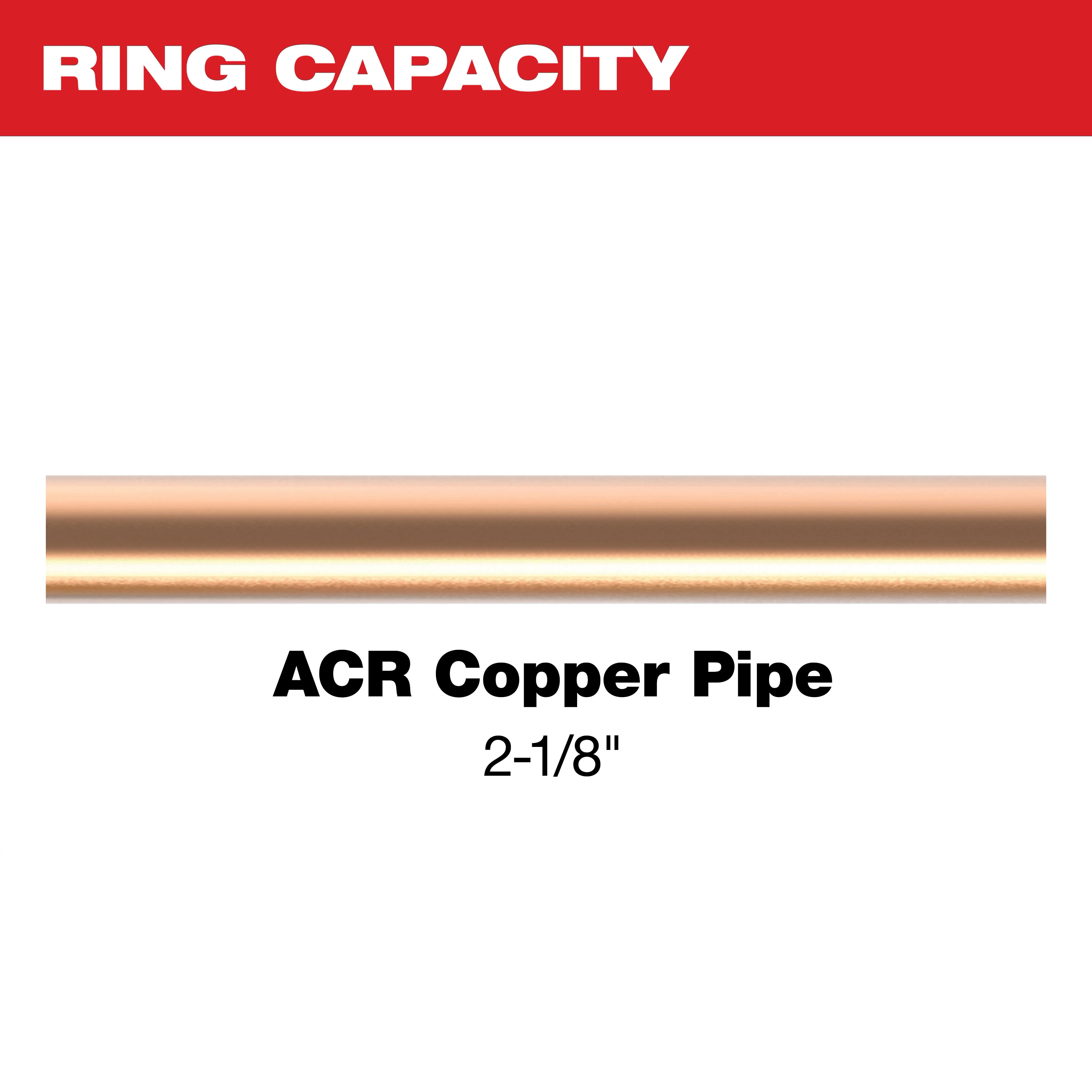 The 2-1/8" ZoomLock MAX® & MaxiPro® Pivoting Press Ring is shown with a compatible ACR copper pipe. The image highlights the ring's capacity for fitting 2-1/8" diameter pipes, featuring a copper pipe against a plain white background with red banner and text.