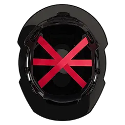Interior of a black safety helmet with red straps and a black padding.