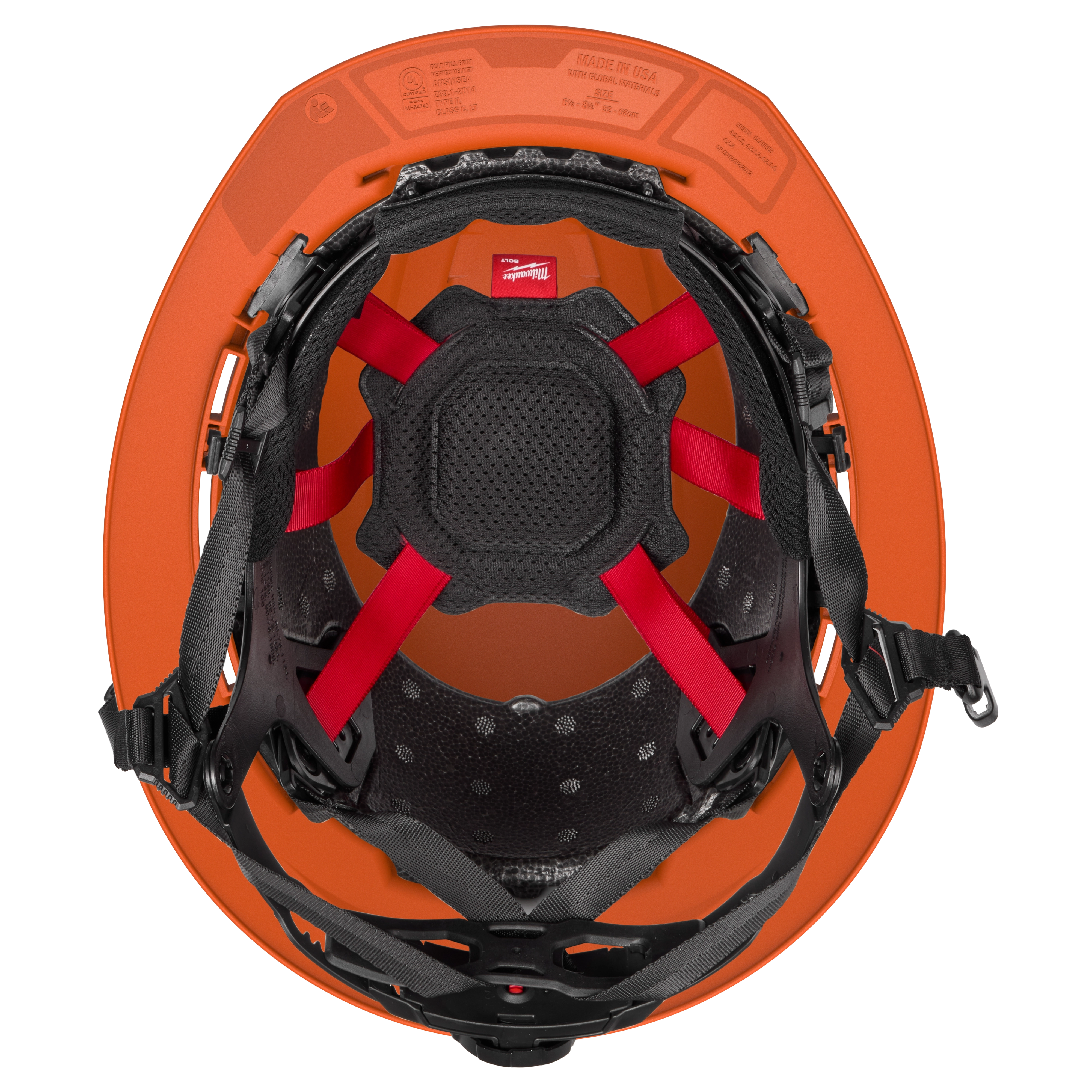 The BOLT™ Safety Orange Full Brim Vented Safety Helmet – Type 2, Class C is shown from the interior view, featuring its adjustable suspension system with black and red straps for enhanced fit and comfort. The helmet is designed for high visibility and ventilation.
