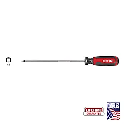 #2 Square 8" Cushion Grip Screwdriver (USA) features a black and red cushioned handle for comfort, an 8-inch shaft, and a #2 square tip. Made in the USA, it comes with a lifetime guarantee.