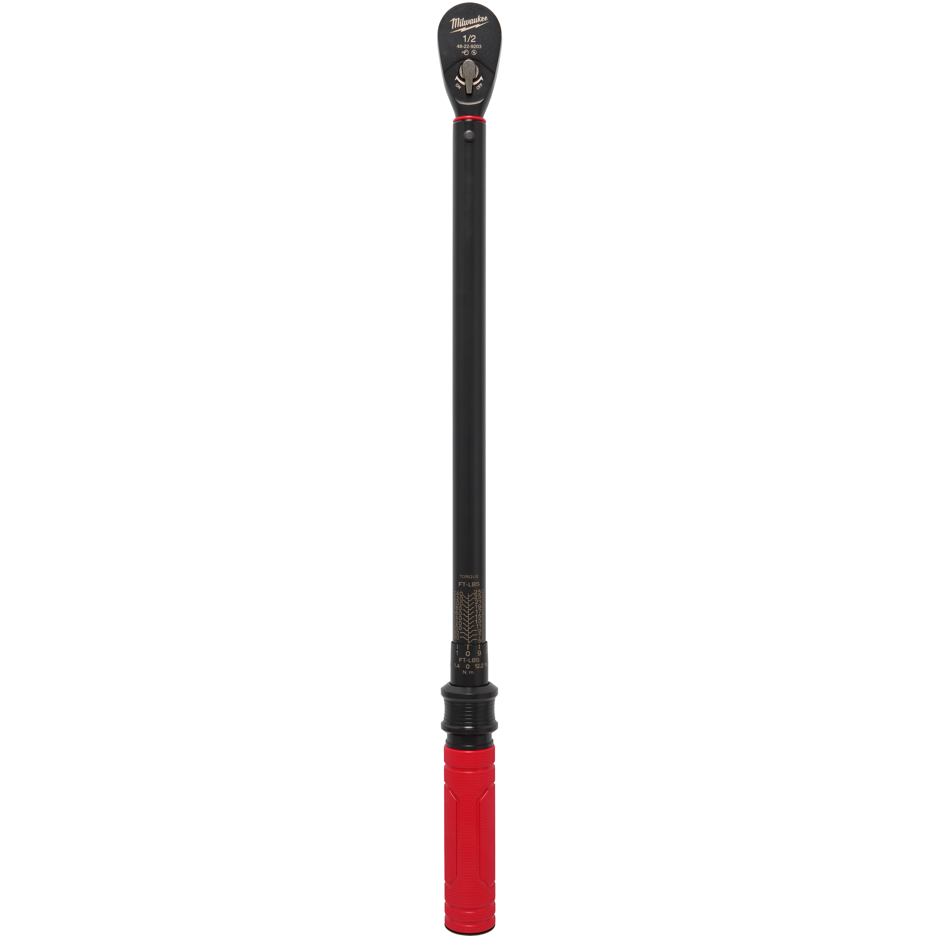 The 1/2" Drive Click Torque Wrench (50-250 FT-LBS) features a sleek black handle with a red grip, a clear measurement scale, and a lever on the head for adjusting torque settings.