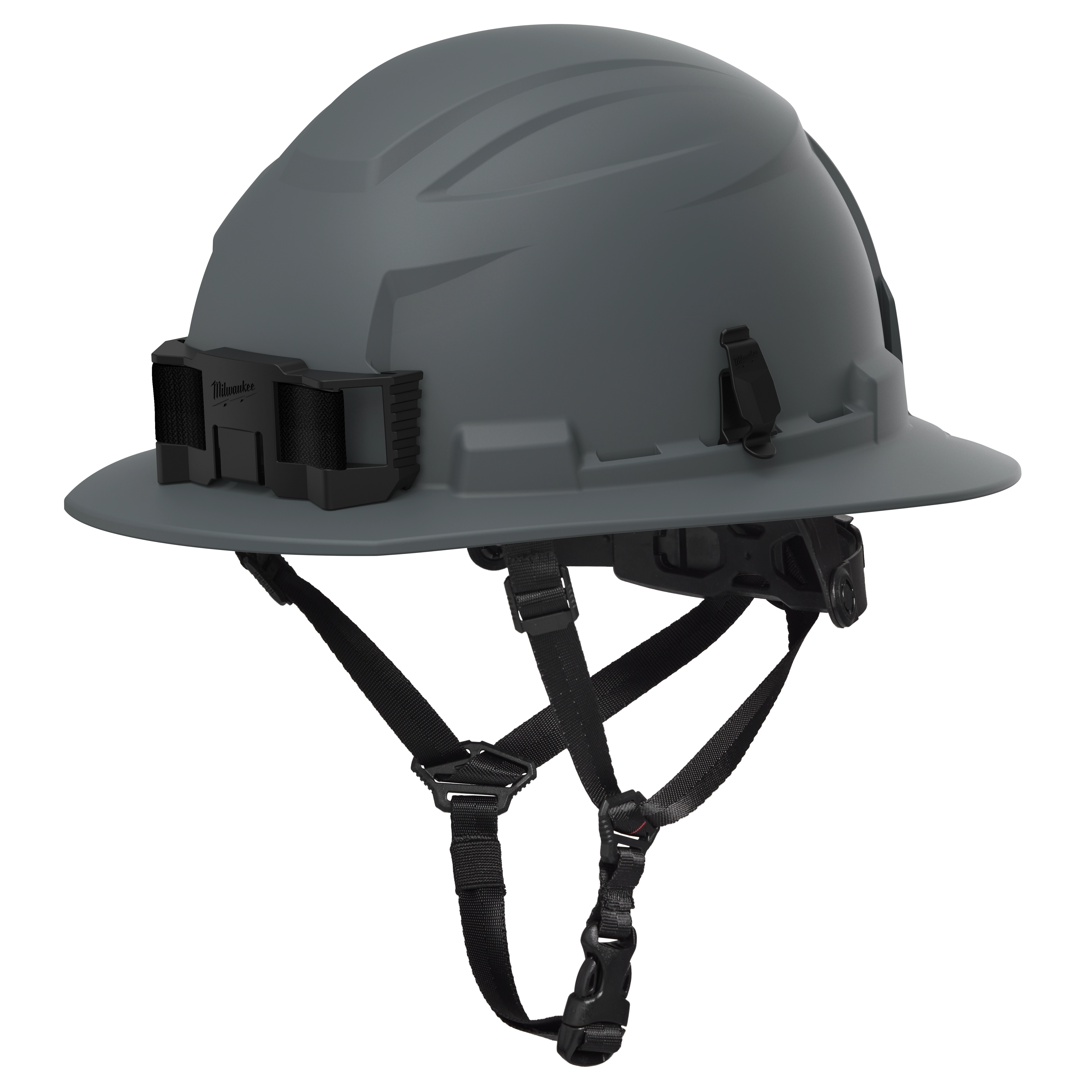 BOLT™ Gray Full Brim Safety Helmet – Type 2, Class E, features a durable gray exterior, ventilation slots, dual-adjustable chin strap, and integrated headlamp slots. It offers advanced safety and comfort for construction and industrial work environments.