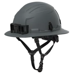 BOLT™ Gray Full Brim Safety Helmet – Type 2, Class E, features a durable gray exterior, ventilation slots, dual-adjustable chin strap, and integrated headlamp slots. It offers advanced safety and comfort for construction and industrial work environments.