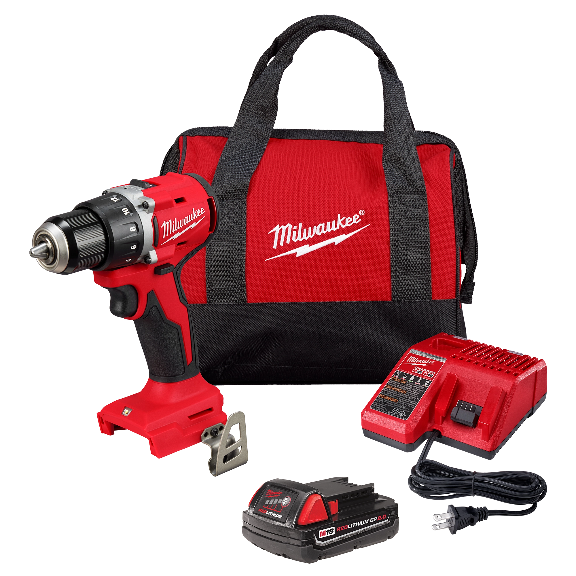 Milwaukee M18 Compact Brushless 1/2" Drill/Driver kit includes a drill, battery, charger, and red carrying bag.