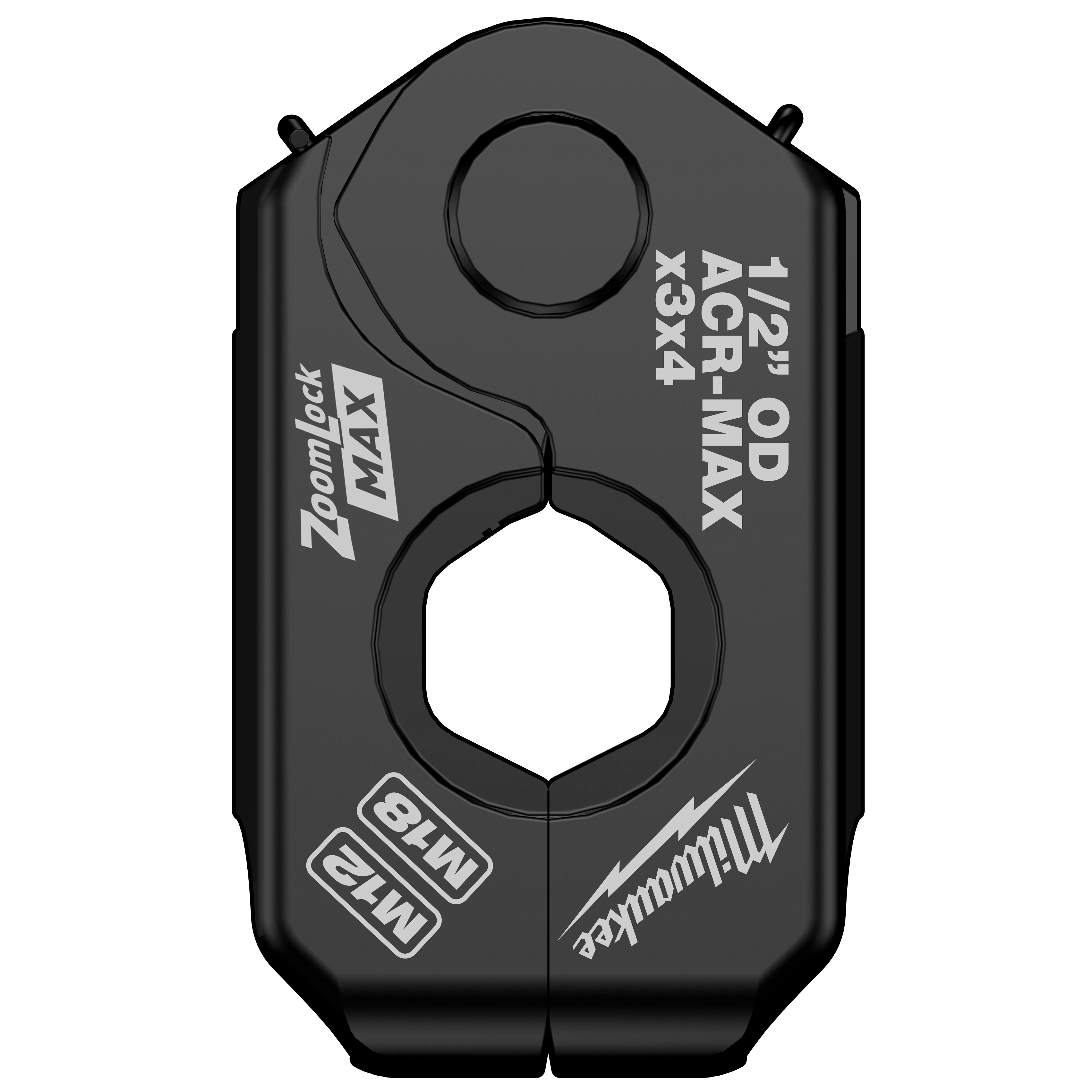 The 1/2" ZoomLock MAX® & MaxiPro® Pivoting Press Ring is a black, hexagonal tool attachment designed for pressing and connecting tubes. It features size markings and branding text on its surface.
