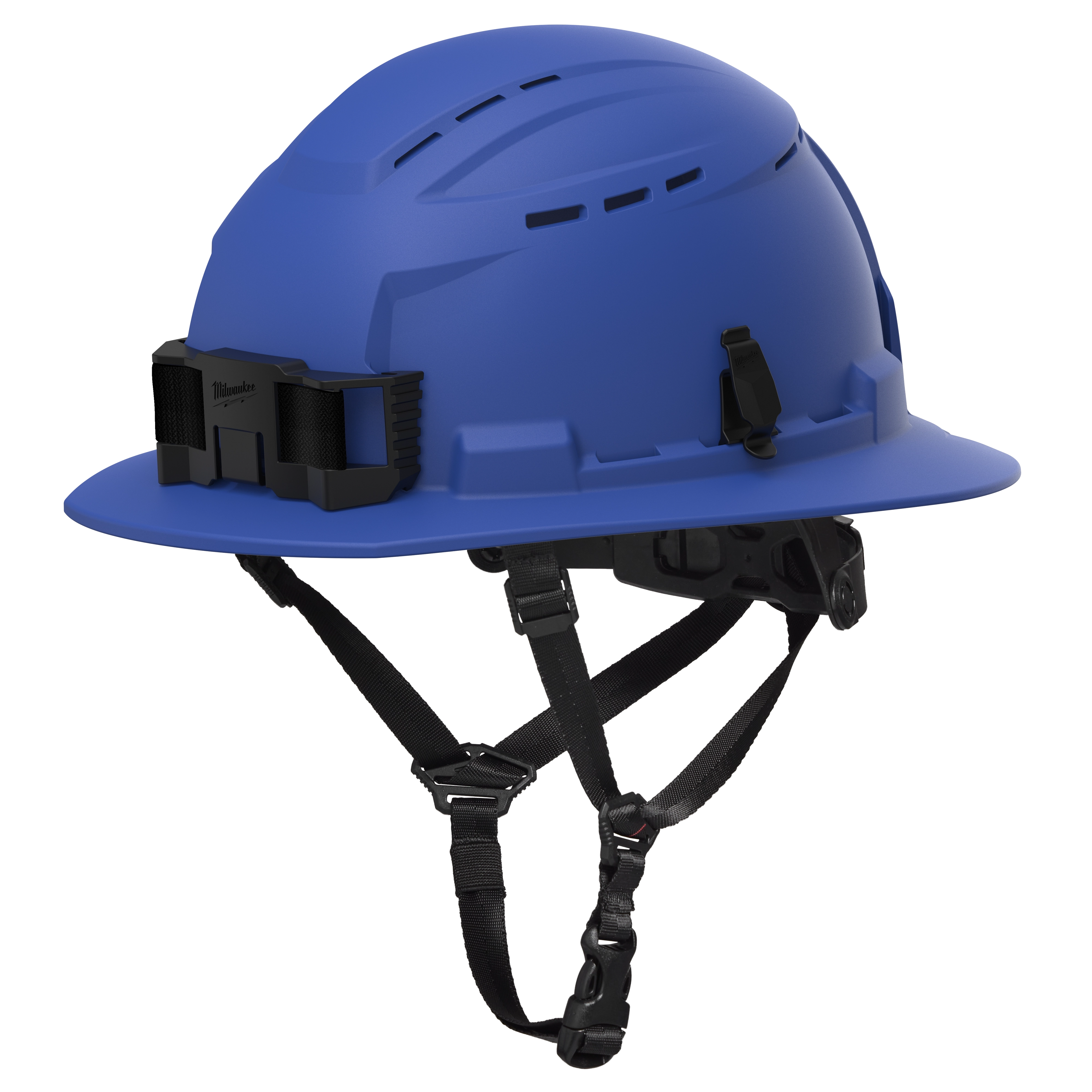 The BOLT™ Blue Full Brim Vented Safety Helmet – Type 2, Class C features a durable blue shell with ventilation openings, an adjustable black chin strap, and a headlamp mount. It is designed for construction and industrial safety.