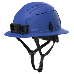 The BOLT™ Blue Full Brim Vented Safety Helmet – Type 2, Class C features a durable blue shell with ventilation openings, an adjustable black chin strap, and a headlamp mount. It is designed for construction and industrial safety.