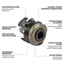 The 0.7"-1" Adjustable Bushing for M18 FUEL™ Covered Conductor Cable Stripper has adjustable blade and diameter, quick-connect bushings, replaceable cutting blade, laser-etched OD sizing, free-floating plate, and color coding. It adjusts to various conductor sizes and jacket thicknesses, cleanly strips covered conductors, and has easy bushing-to-material selection.