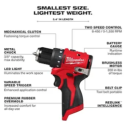 A Milwaukee cordless drill with various features labeled, including a mechanical clutch for torque control, metal chuck, LED light, variable speed trigger, premium rubber overmold, two-speed control, battery gauge, brushless motor, belt clip, and REDLINK intelligence. The drill is 5.4 inches in length.