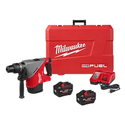 The M18 FUEL™ 1-9/16" SDS Max Rotary Hammer w/ ONE-KEY™ kit includes the rotary hammer, two battery packs, a charger, and a red carrying case with the Milwaukee logo.