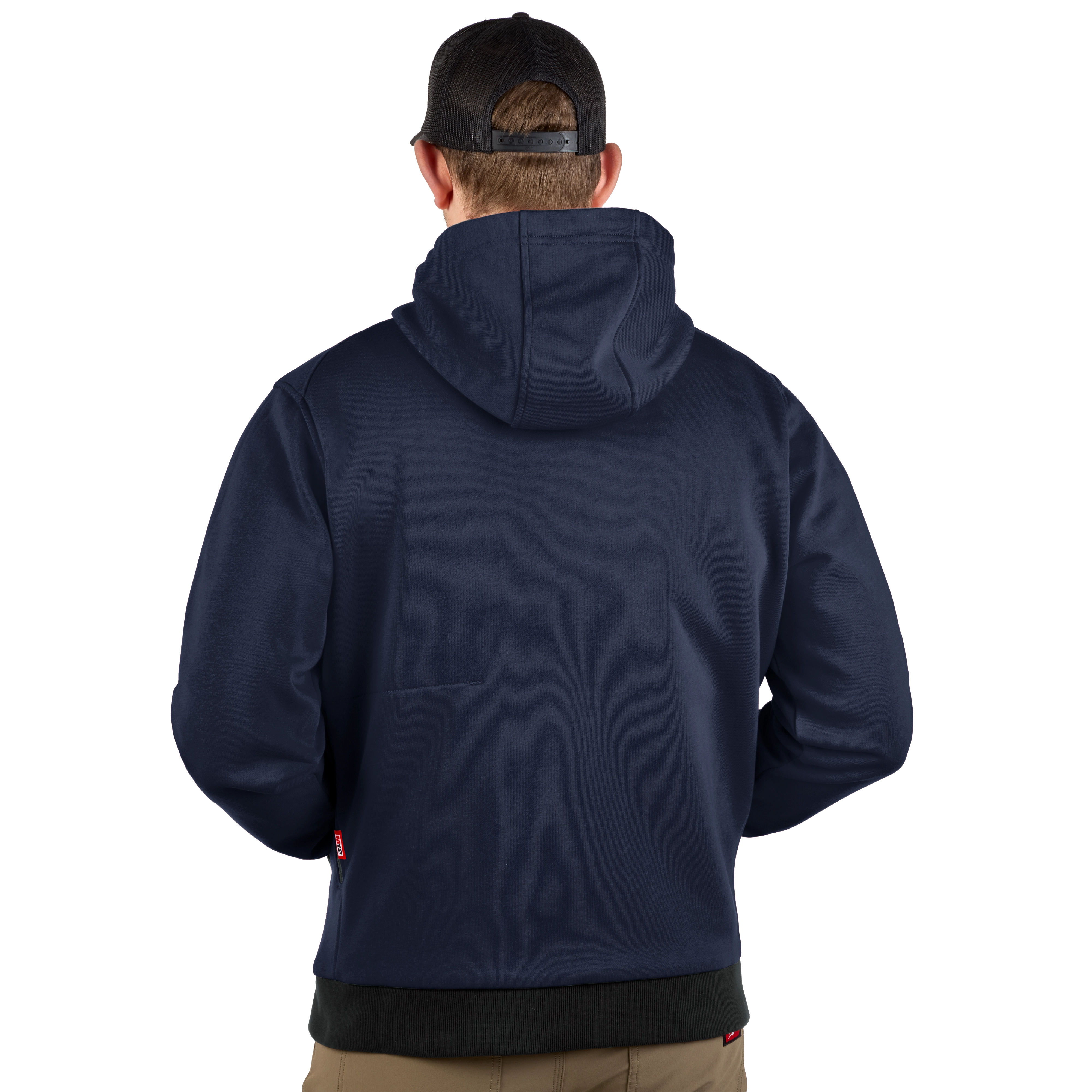 A person wearing a black cap is seen from the back, modeling a navy blue M12™ Heated Hoodie. The hoodie features a hood and long sleeves, designed to provide warmth.
