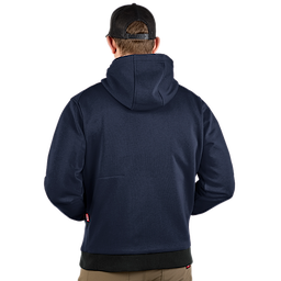 A person wearing a black cap is seen from the back, modeling a navy blue M12™ Heated Hoodie. The hoodie features a hood and long sleeves, designed to provide warmth.