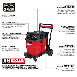 The M18 FUEL™ NEXUS™ 12 Gallon Dual-Battery Wet/Dry Vacuum Kit features dual batteries, quick-release removable handle, integrated accessory storage, modes of operation (Max Power and Max Run-Time), and hose storage. It includes mounting hooks for tool storage and a POWERSTATE™ brushless motor.