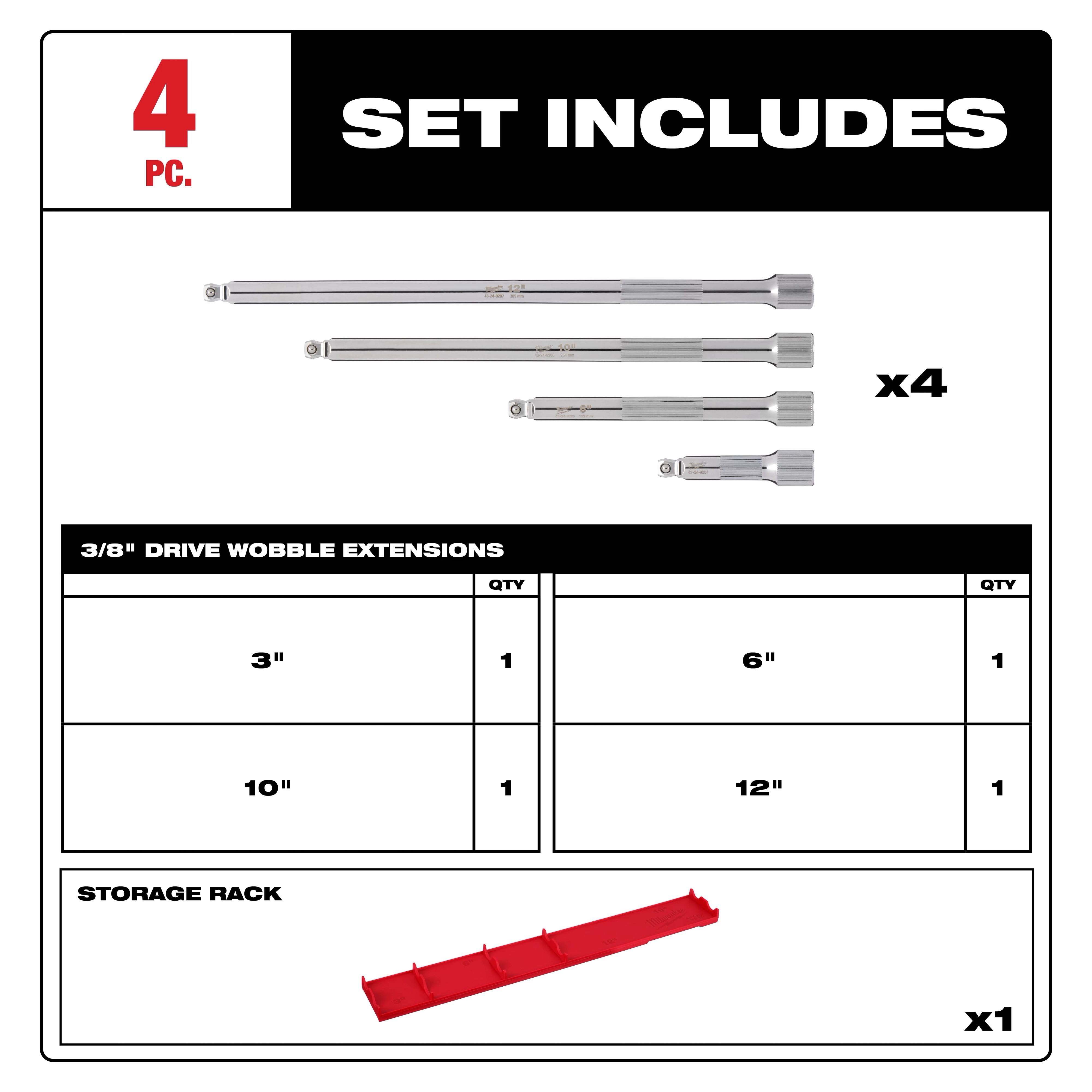 4pc 3/8” Drive Wobble Extension Set