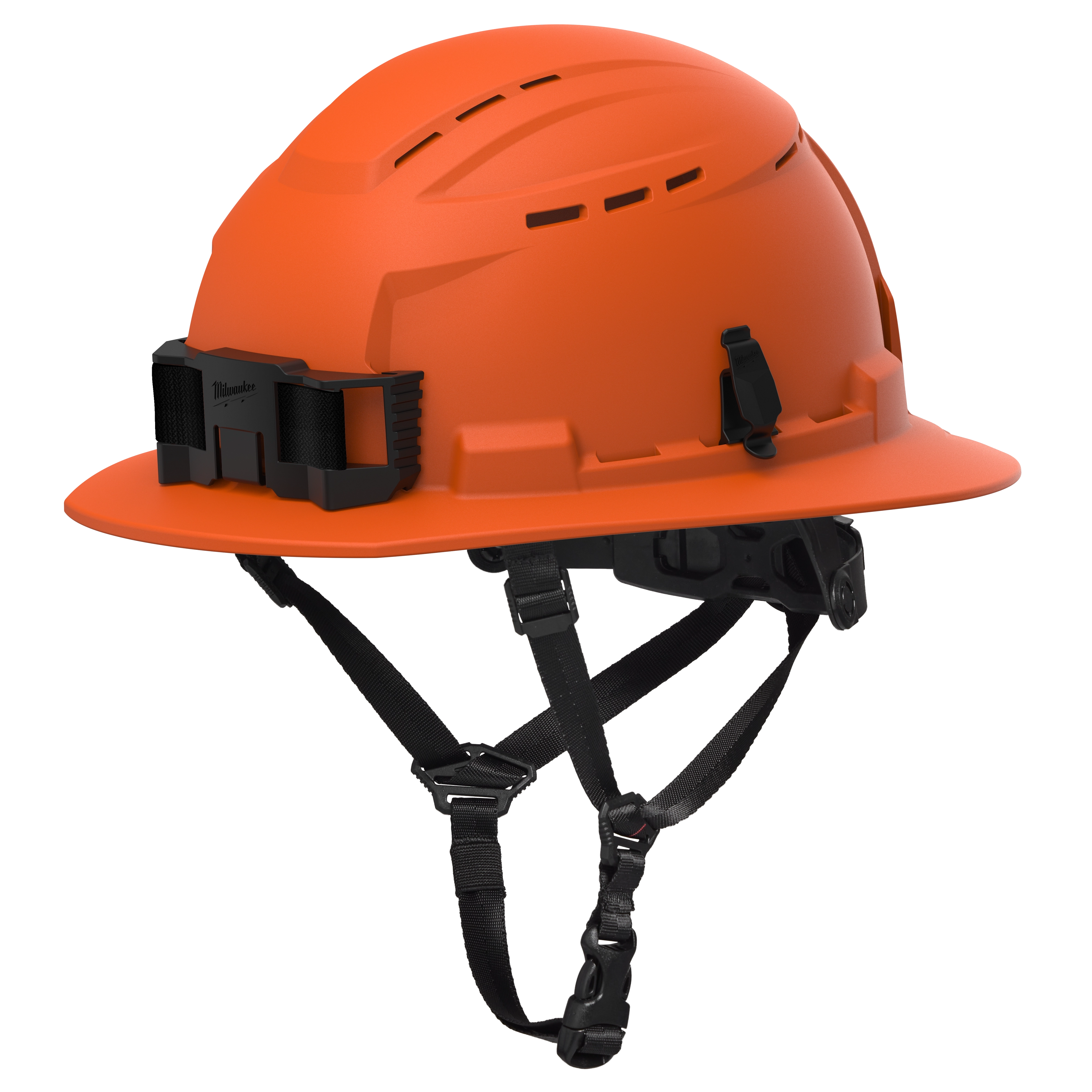 BOLT™ Safety Orange Full Brim Vented Safety Helmet – Type 2, Class C is an orange hard hat with a full brim, ventilation slots, adjustable chin strap, and black accessory mount.