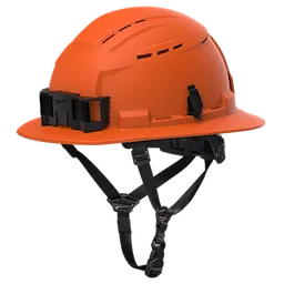 BOLT™ Safety Orange Full Brim Vented Safety Helmet – Type 2, Class C is an orange hard hat with a full brim, ventilation slots, adjustable chin strap, and black accessory mount.