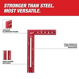 Image of a red framing square tool with laser-etched markings. Text reads "STRONGER THAN STEEL. MOST VERSATILE." It highlights a thicker aluminum frame, high visibility laser-etched markings, and 5mm scribe notches. The tool features measurement scales along its edges.