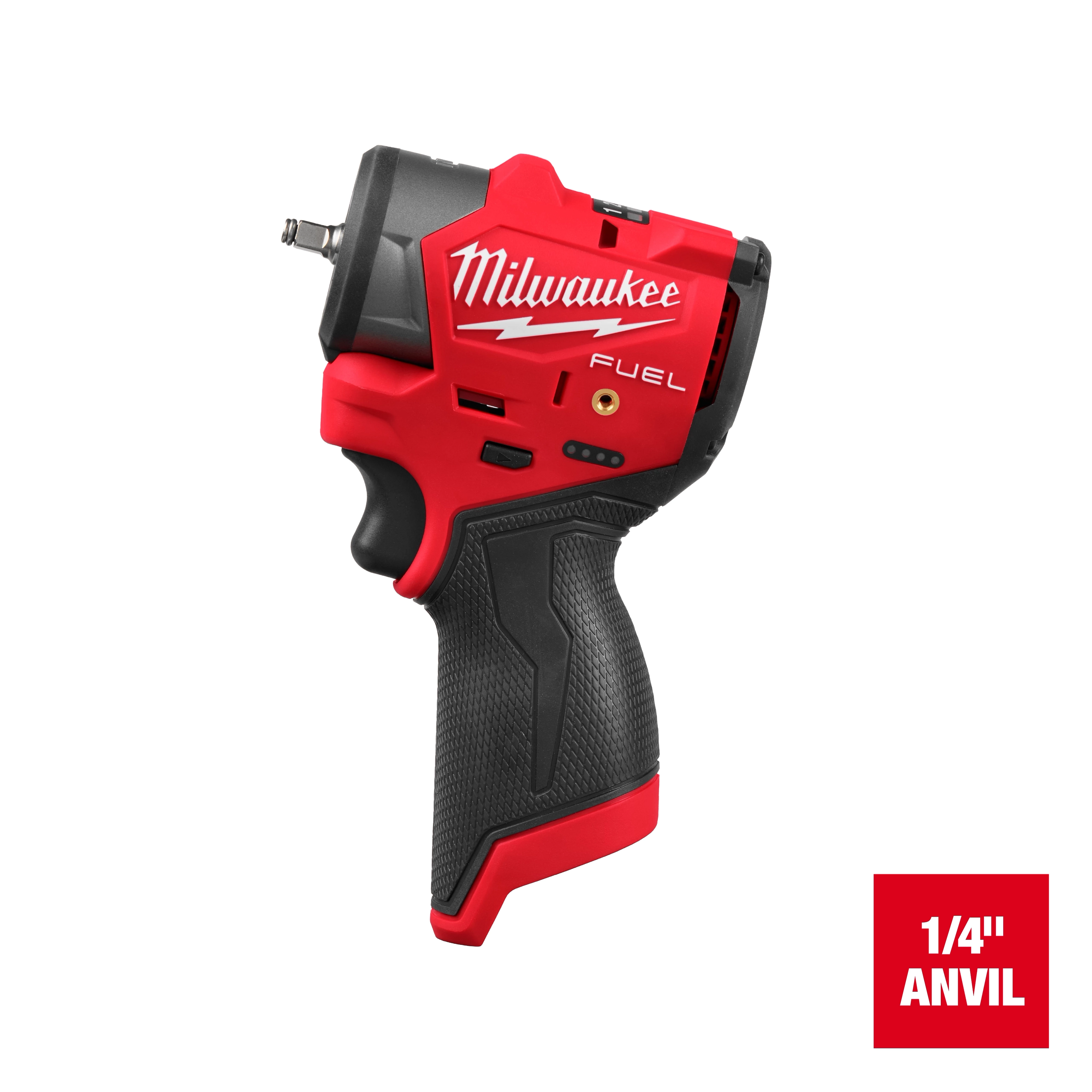 The Milwaukee M12 FUEL™ 1/4" Subcompact Impact Wrench w/ Friction Ring features a red and black ergonomic design. It highlights the Milwaukee brand and the "1/4" Anvil" specification in the lower right corner.
