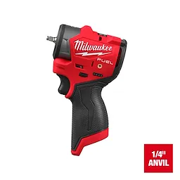 The Milwaukee M12 FUEL™ 1/4" Subcompact Impact Wrench w/ Friction Ring features a red and black ergonomic design. It highlights the Milwaukee brand and the "1/4" Anvil" specification in the lower right corner.