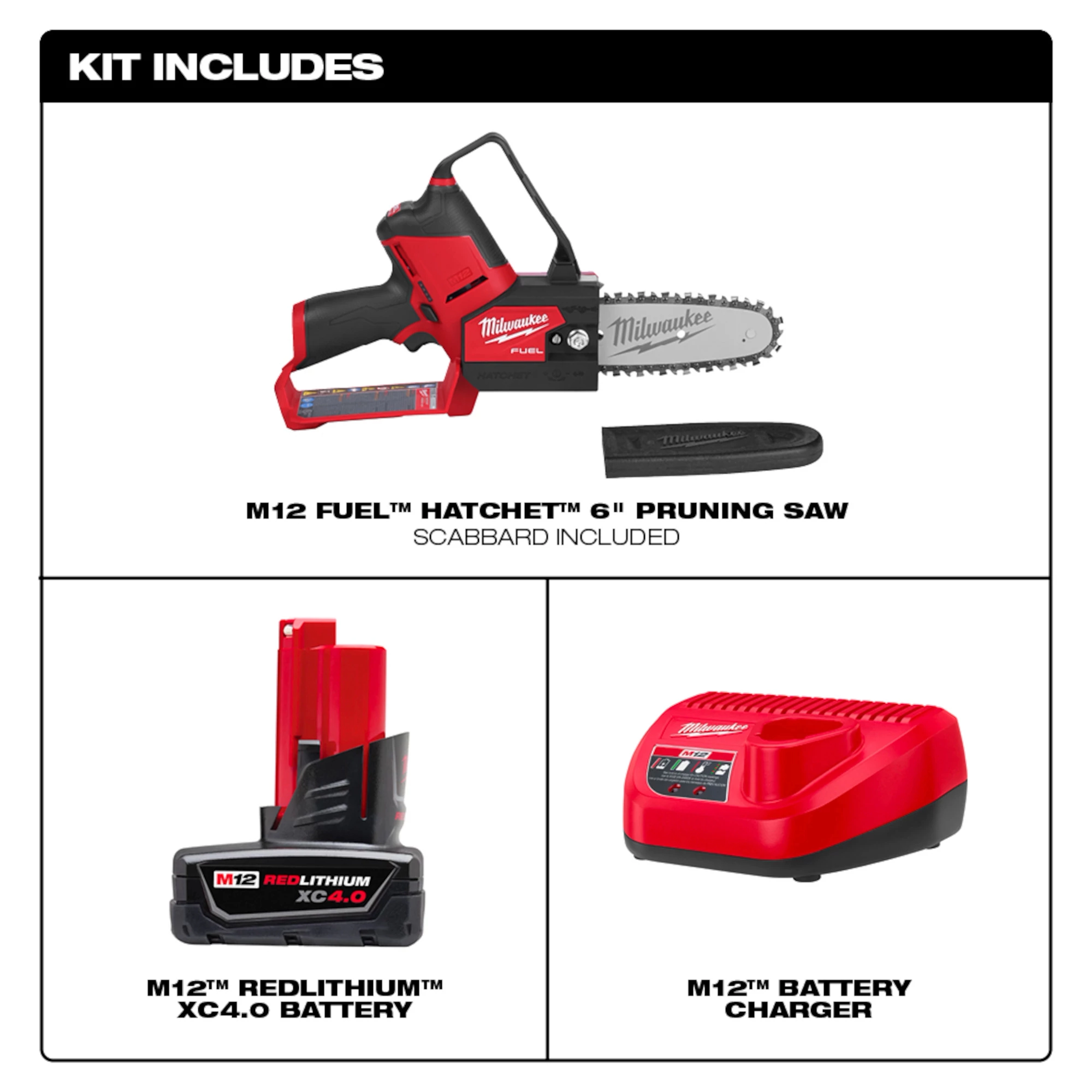 Kit includes M12 FUEL HATCHET 6" Pruning Saw with scabbard, M12 REDLITHIUM XC4.0 battery, and M12 battery charger, all shown in red.