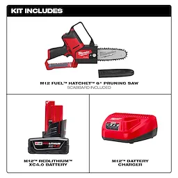 Kit includes M12 FUEL HATCHET 6" Pruning Saw with scabbard, M12 REDLITHIUM XC4.0 battery, and M12 battery charger, all shown in red.