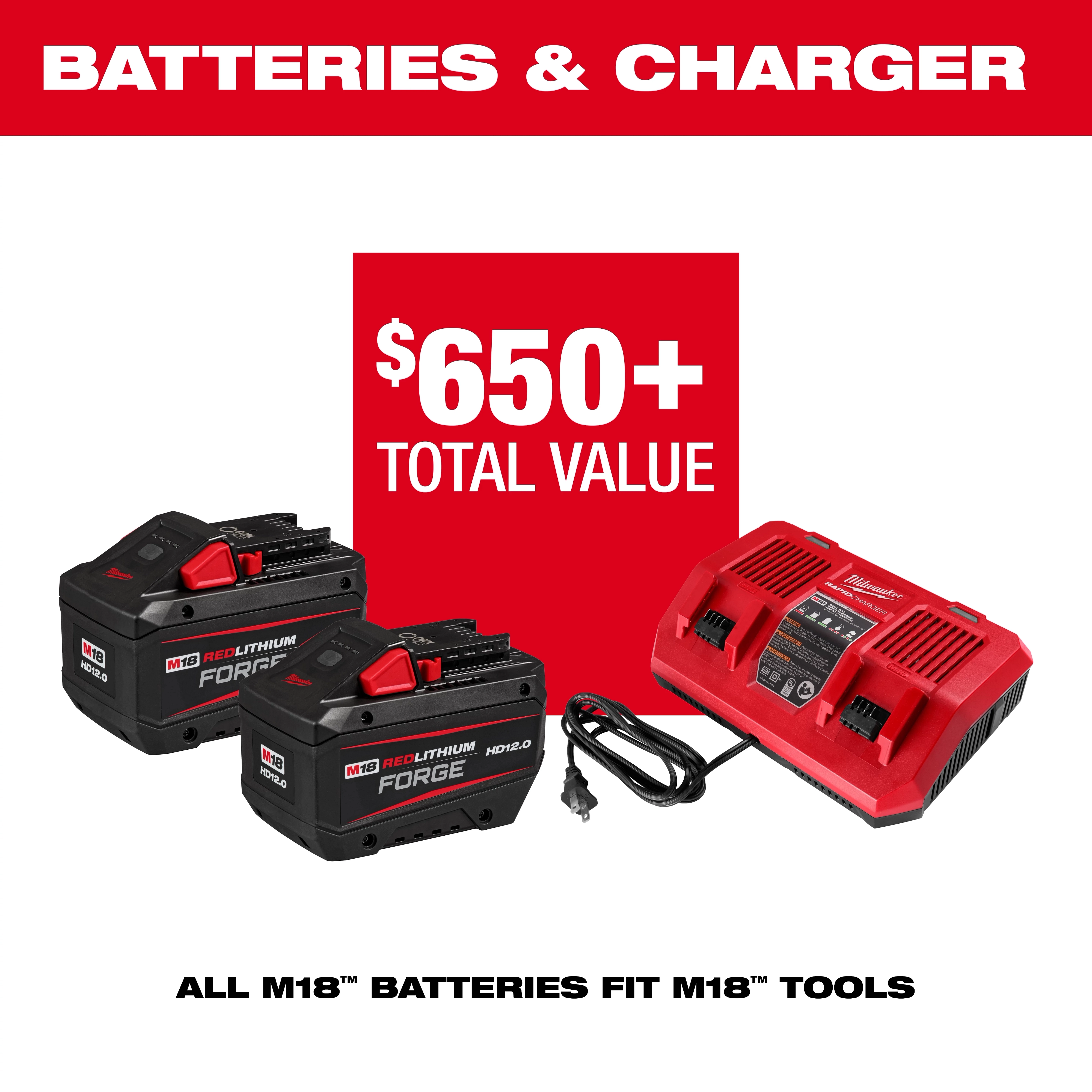 The M18 FUEL™ 21" Auger Propelled Dual Battery Single Stage Snow Blower includes two RedLithium Forge HD12.0 batteries and a charger. The package offers a total value of over $700.