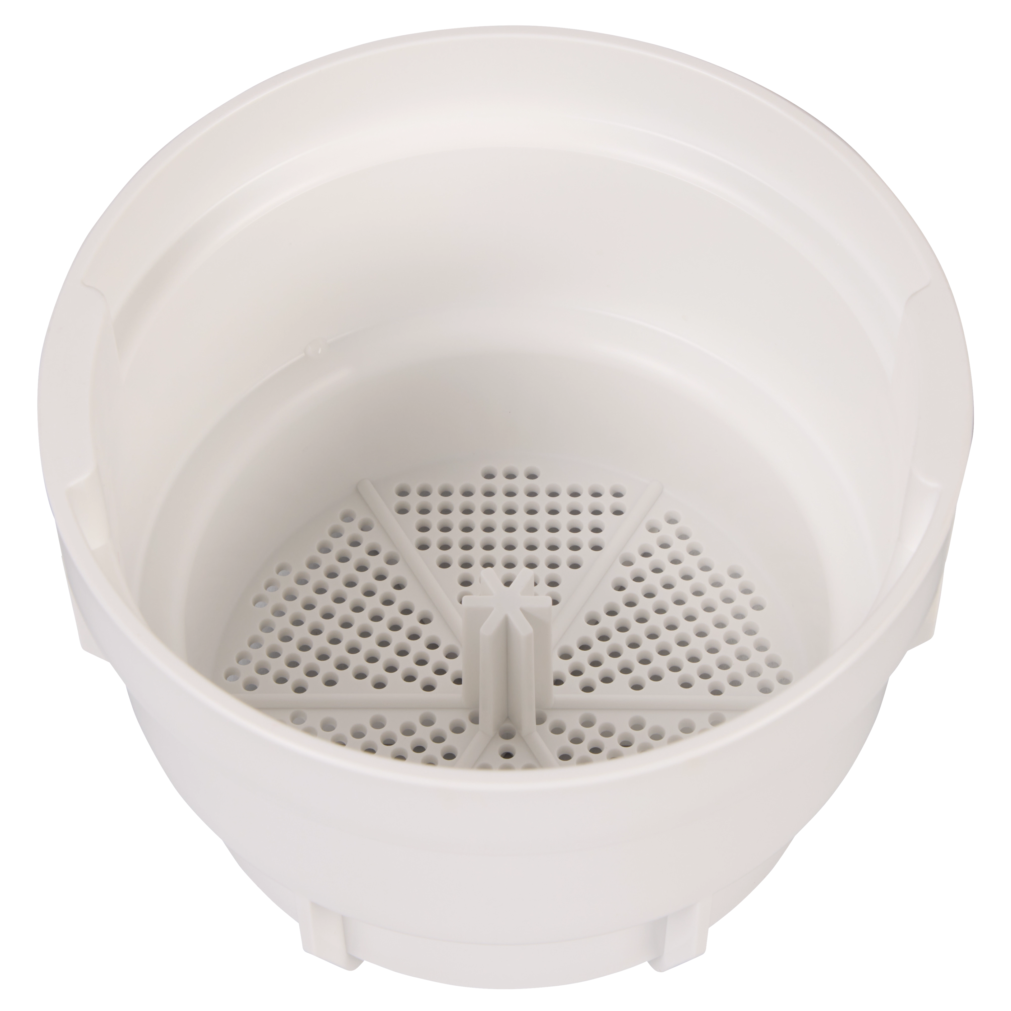This image shows a 4-Gallon Sprayer Tank Assembly w/ SWITCH-TANK™. The white, cylindrical tank features a perforated bottom section for fluid distribution. The tank is designed for use with a sprayer system.