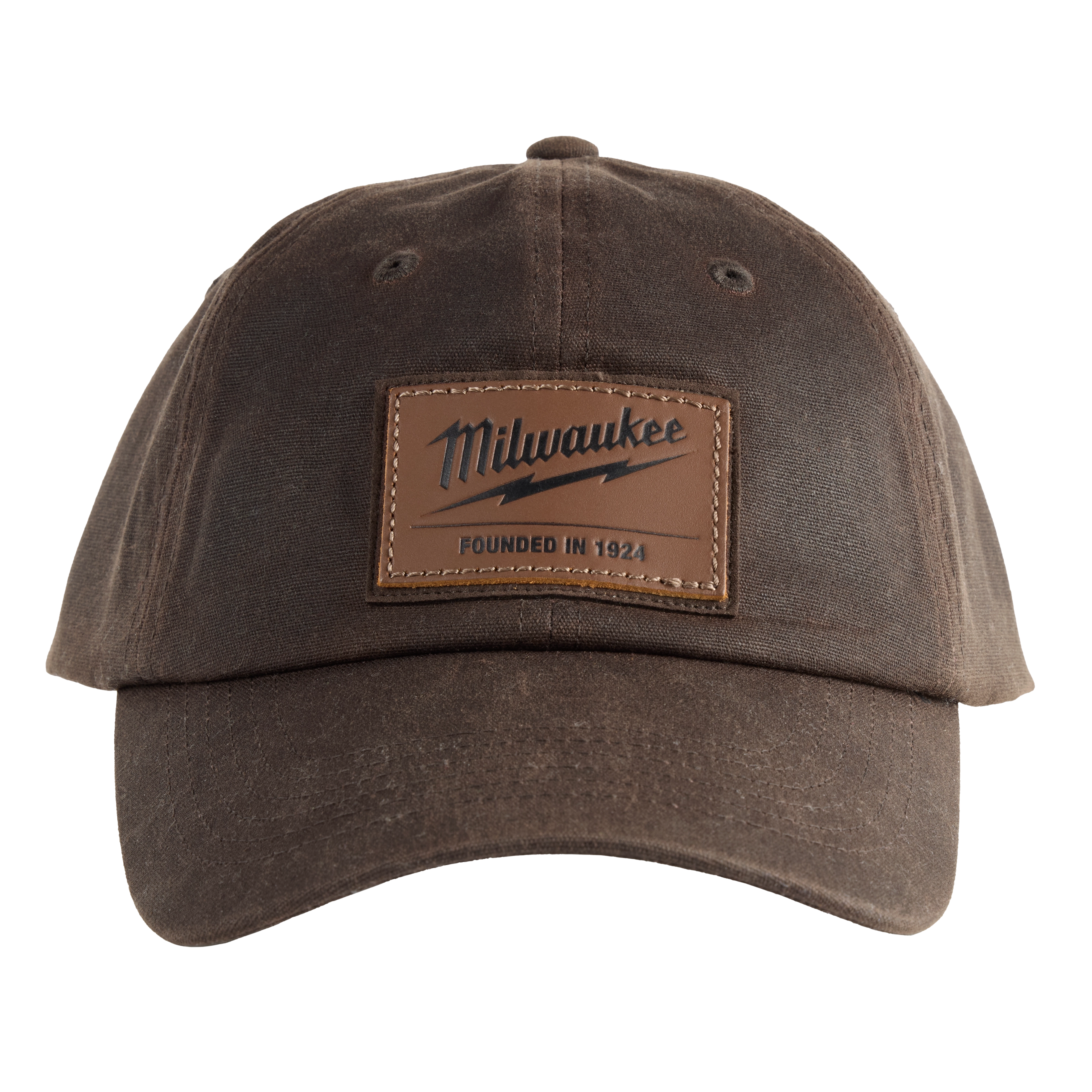 Waxed Canvas Adjustable Hat in brown with a leather patch displaying "Milwaukee Founded in 1924" on the front.