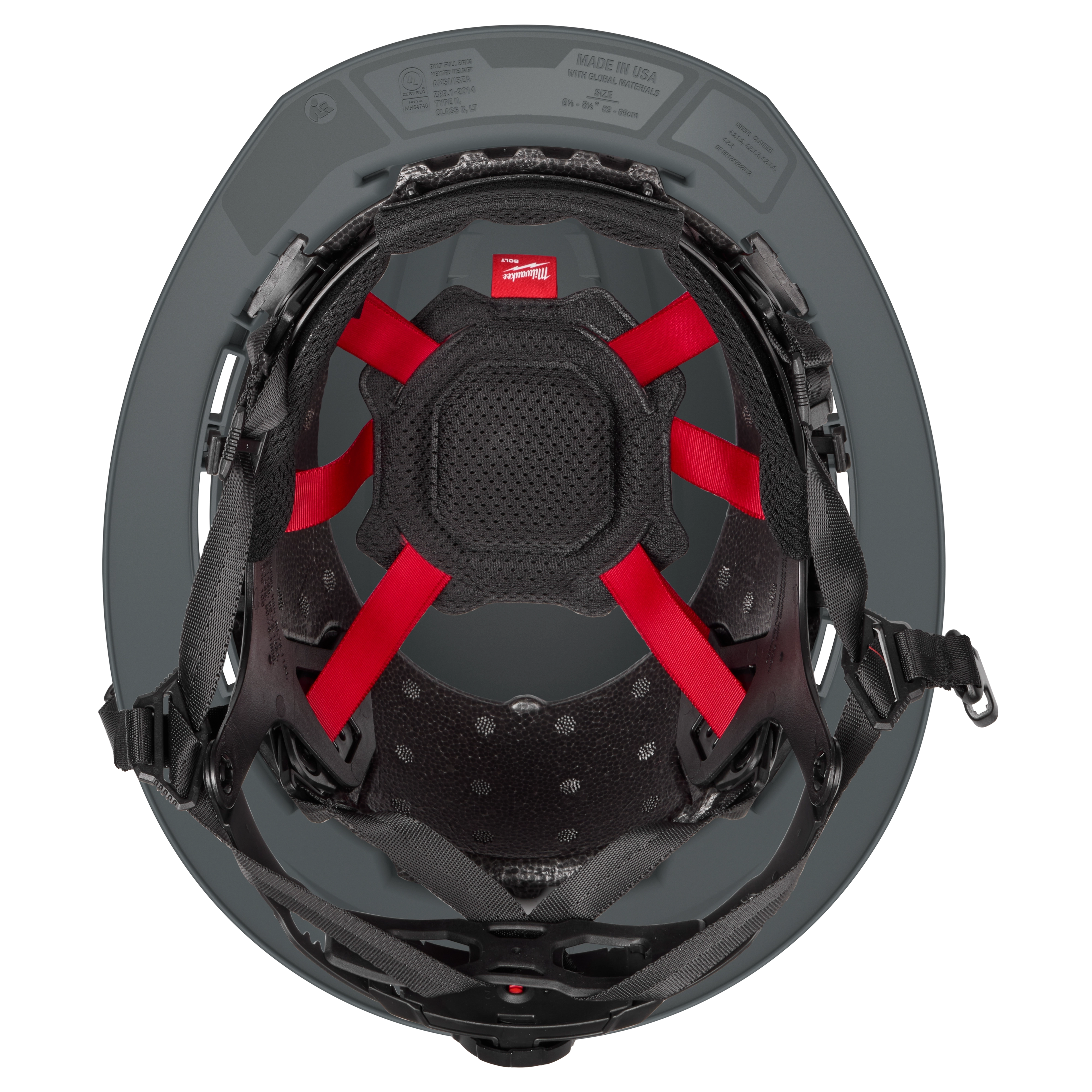 The BOLT™ Gray Full Brim Vented Safety Helmet – Type 2, Class C features an interior view showcasing red suspension straps and breathable padding for enhanced comfort and protection.