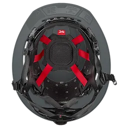 The BOLT™ Gray Full Brim Vented Safety Helmet – Type 2, Class C features an interior view showcasing red suspension straps and breathable padding for enhanced comfort and protection.