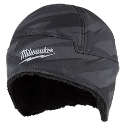Milwaukee Sherpa-Lined Beanie in dark grey with a camo pattern and black fleece lining, featuring the Milwaukee logo.