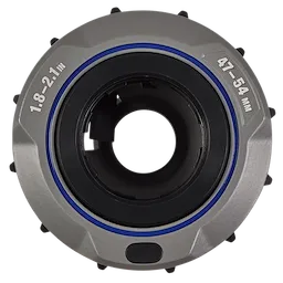 The image shows an 1.8" - 2.1" Adjustable Bushing for M18 FUEL™ Covered Conductor Cable Stripper. It has a gray circular casing with a central black opening, blue accents, and size markings in inches and millimeters.