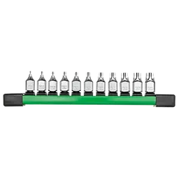 The 11pc 1/4" Drive Low-Profile TORX® Bit Socket Set includes 11 silver TORX bit sockets organized on a green rail holder. The bits are labeled from T6 to T50 and have a low-profile design for use in tight spaces.