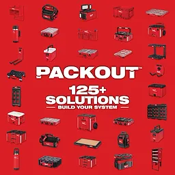 PACKOUT logo, 125+ Solutions Build Your System text, and a variety of red and black PACKOUT storage and tool organizing products.