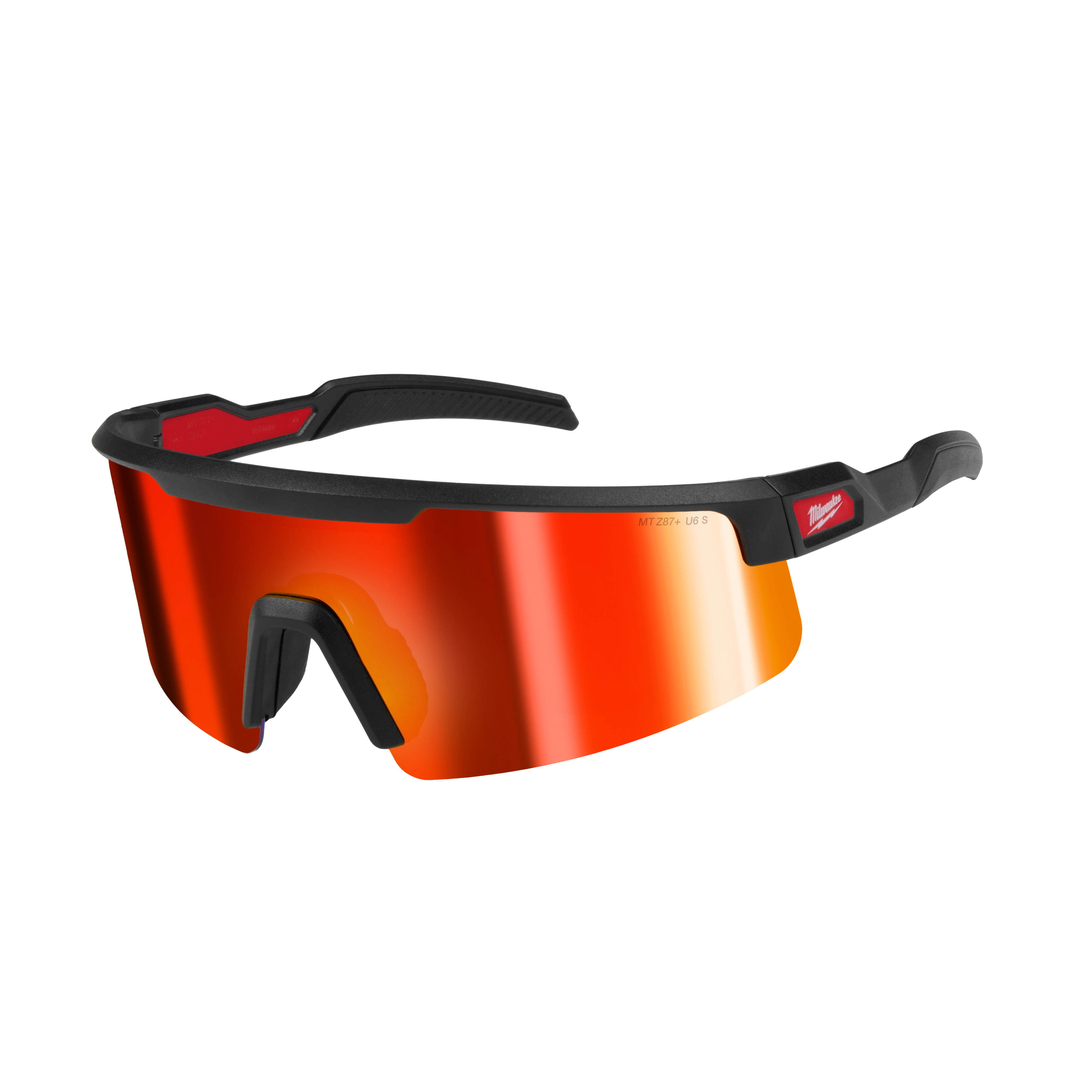 Wrap Around Safety Glasses with Red Mirrored Anti-Scratch Lenses feature a sleek black frame with integrated nose pads and ear grips, offering full eye coverage and protection. The red mirrored lenses provide a stylish look while ensuring durability and scratch resistance.