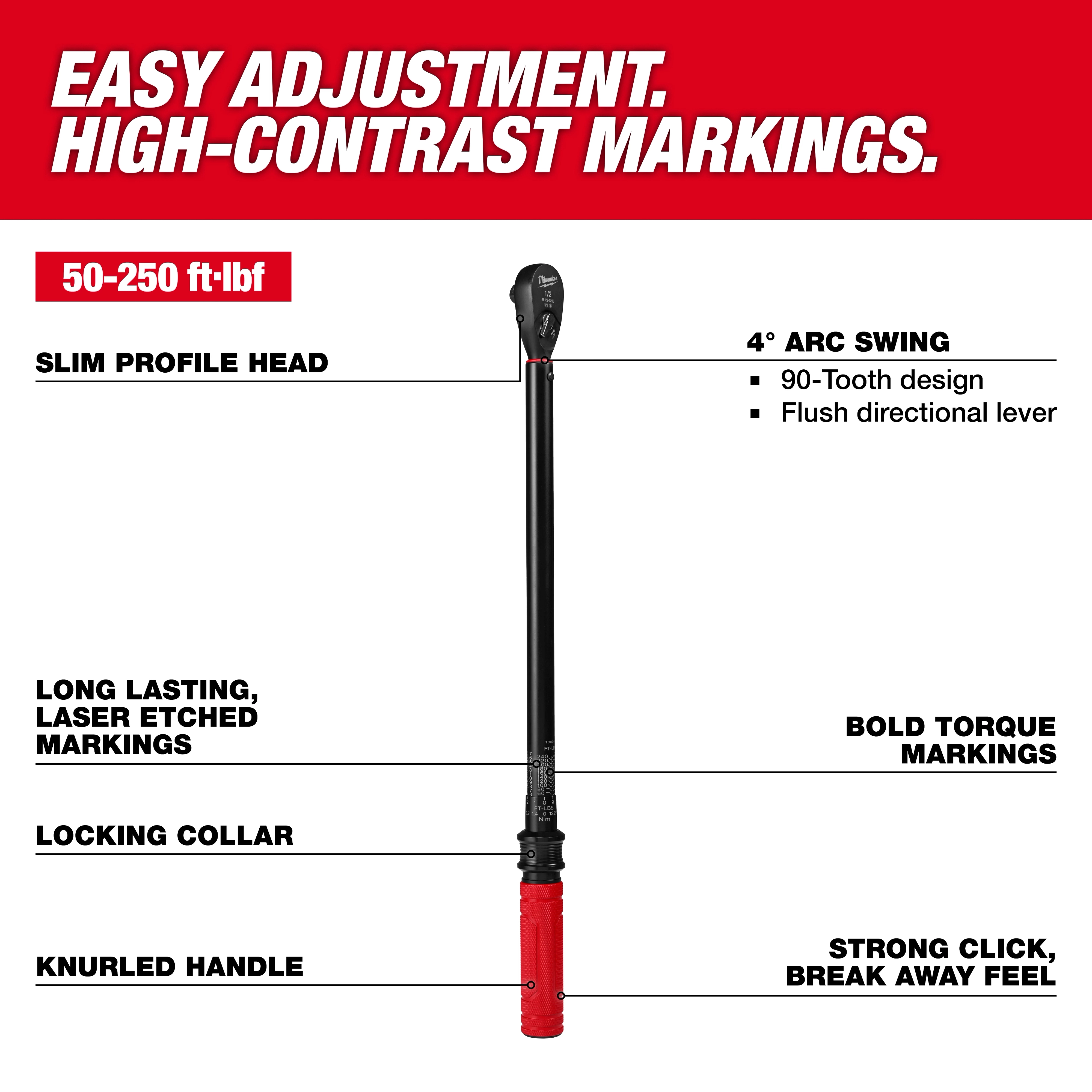 1/2” Drive Click Torque Wrench (50-250 ft·lbf) with slim profile head, laser etched markings, locking collar, red knurled handle.