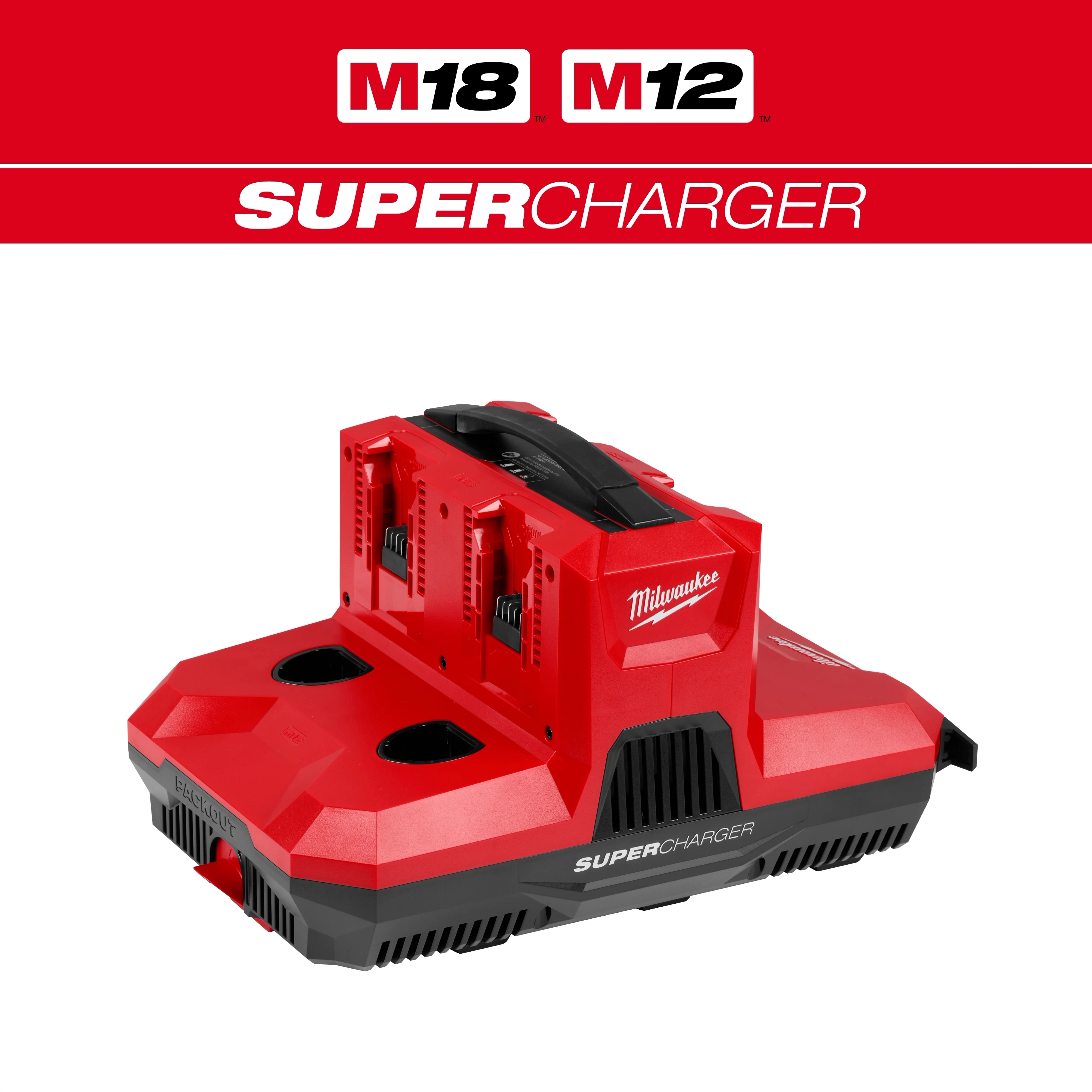 M18 & M12 Four Bay Simultaneous Super Charger w/ PACKOUT Compatibility on a plain background.