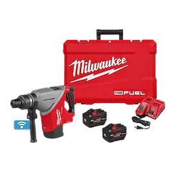 Milwaukee M18 FUEL(tm) 1-3/4" SDS MAX Rotary Hammer w/ONE-KEY includes a red and silver hammer drill, two black and red batteries, a battery charger, and a red carrying case with a handle. The case and hammer feature the Milwaukee logo, and a Wi-Fi symbol indicates ONE-KEY technology.