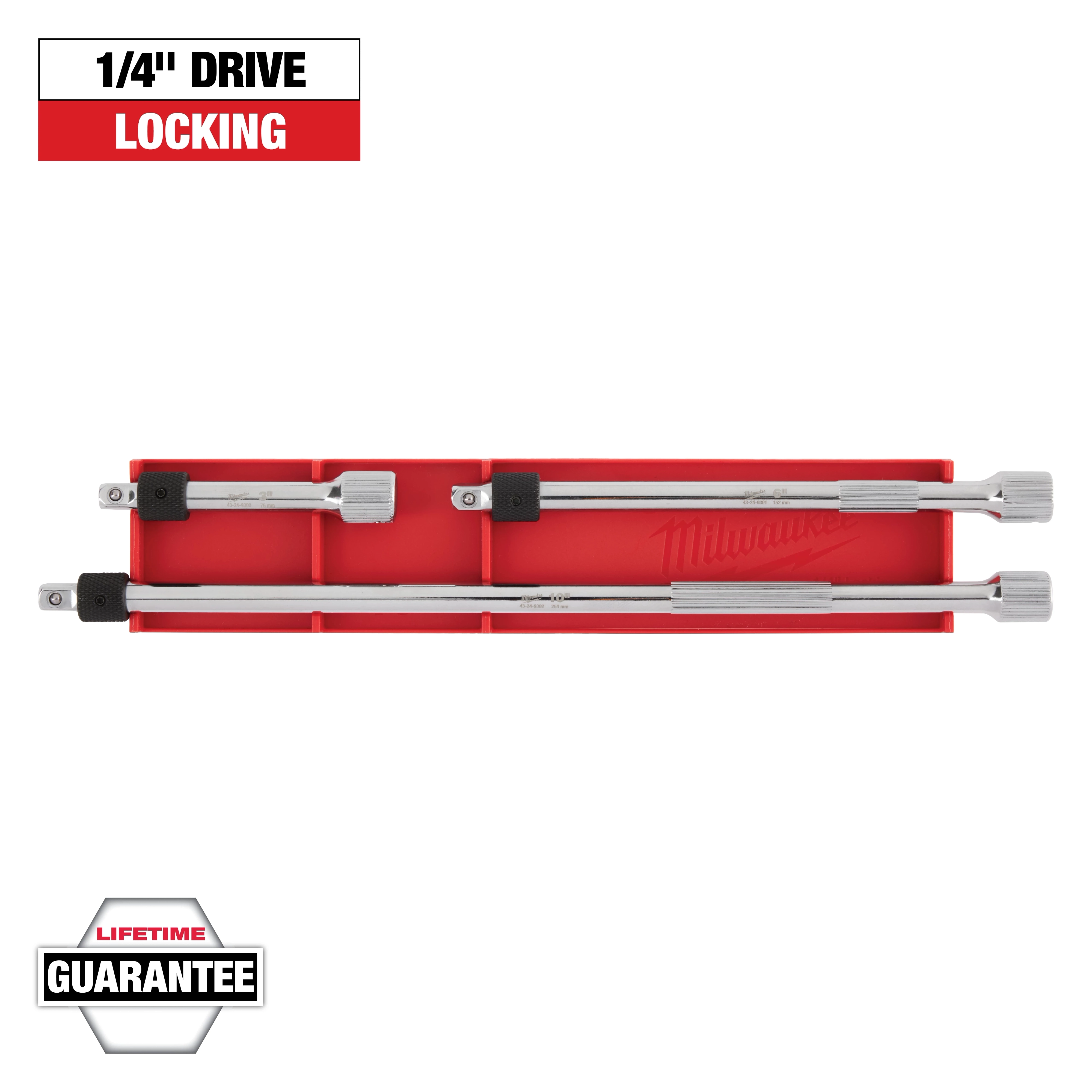 This image shows a set of 1/4-inch drive locking extensions from Milwaukee, displayed in a red tray. There is a "Lifetime Guarantee" badge in the bottom-left corner and a "1/4" Drive Locking" label at the top. The tools are arranged side by side.