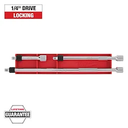 This image shows a set of 1/4-inch drive locking extensions from Milwaukee, displayed in a red tray. There is a "Lifetime Guarantee" badge in the bottom-left corner and a "1/4" Drive Locking" label at the top. The tools are arranged side by side.