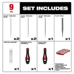 The 9pc Saw Chain Sharpening Set with PACKOUT™ Low-Profile Compact Organizer includes two 5/32" round files, two 3/16" round files, one 7/32" round file, one flat file, one depth gauge, one round file handle, one flat file handle, and one PACKOUT™ low-profile compact organizer tray.