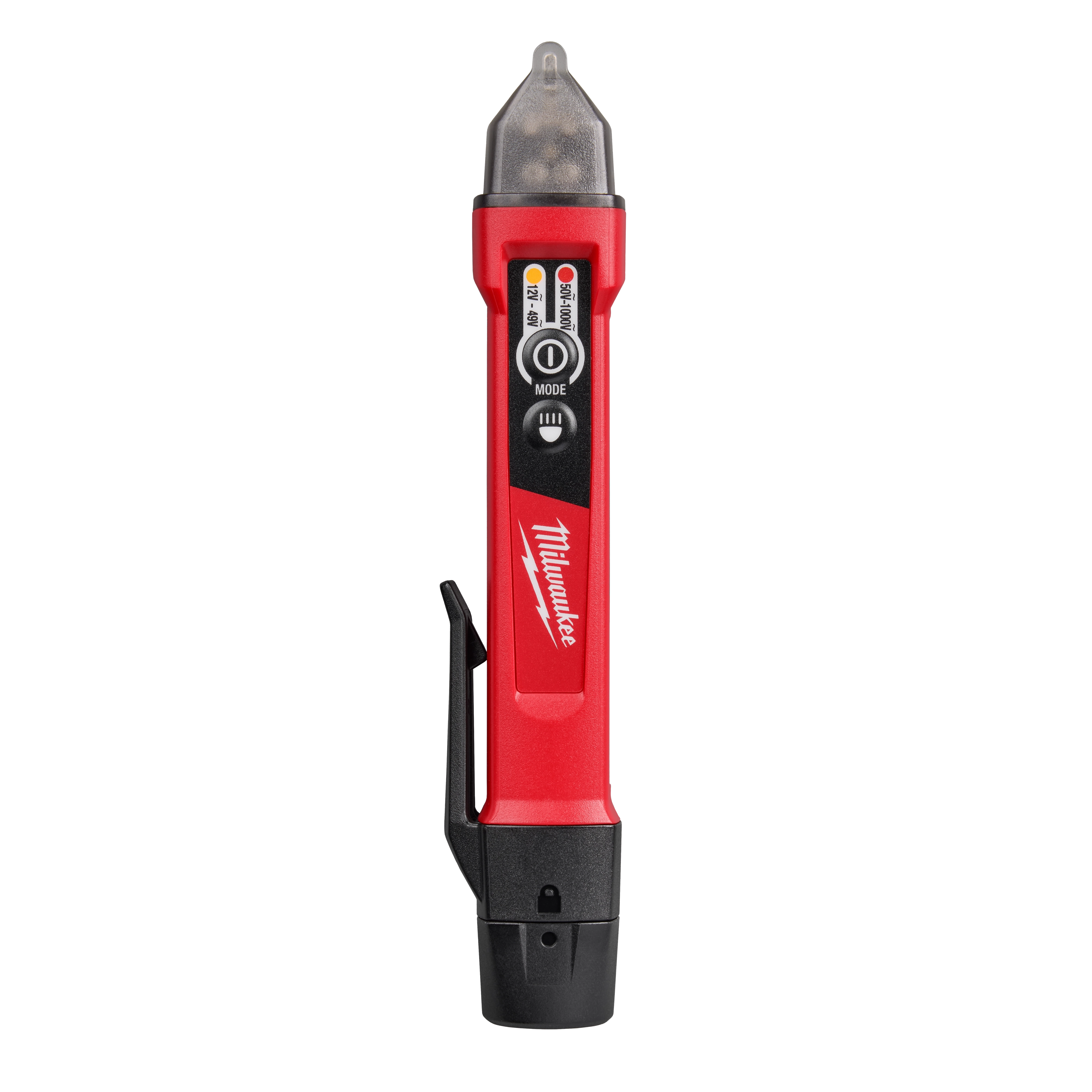 Milwaukee voltage detector pen features a red body with buttons labeled "Mode" and "Light" and a black clip on the side.