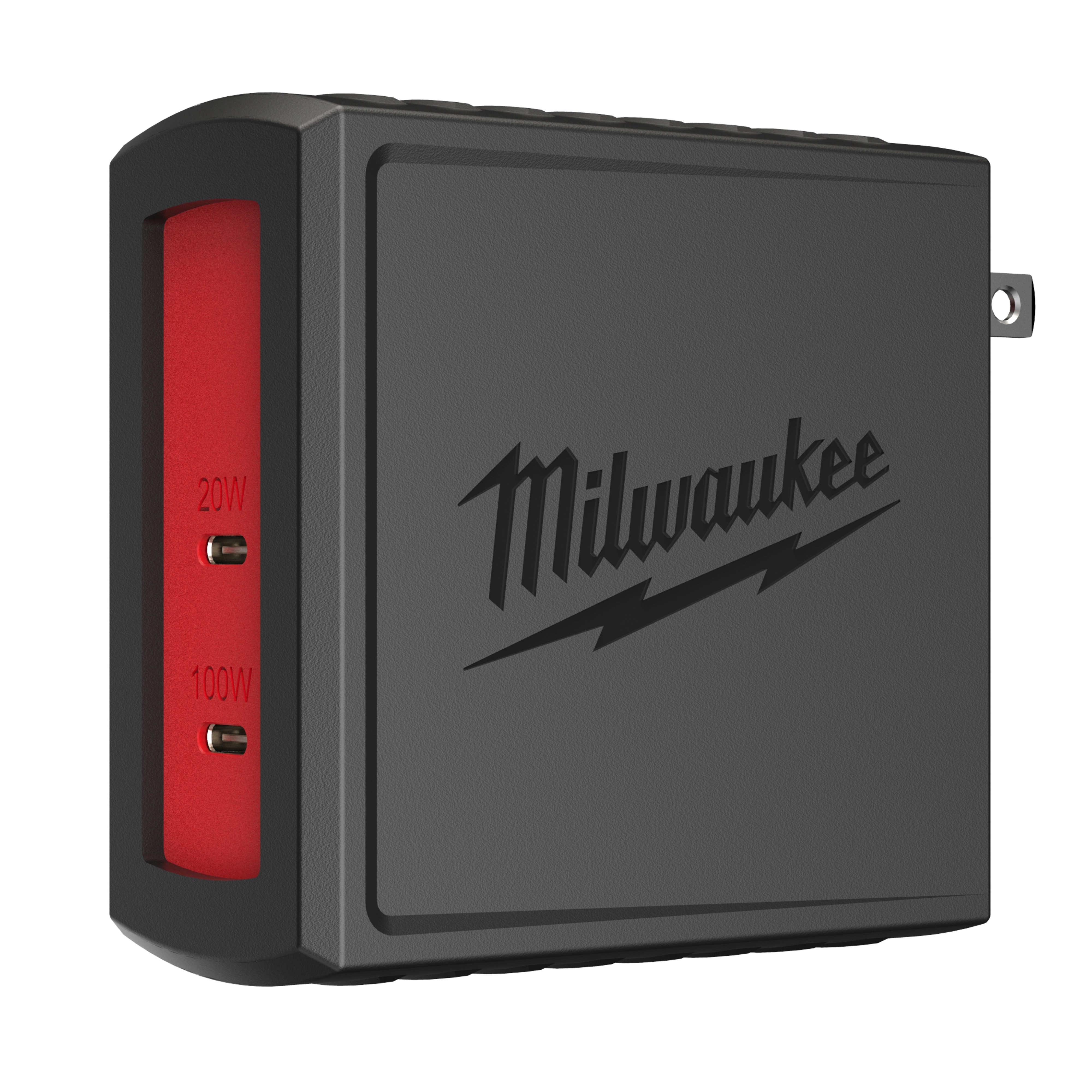 The 120W USB-C Wall Adapter by Milwaukee features two ports: one delivering 20W and the other 100W. It has a black exterior with red highlights and the Milwaukee logo.