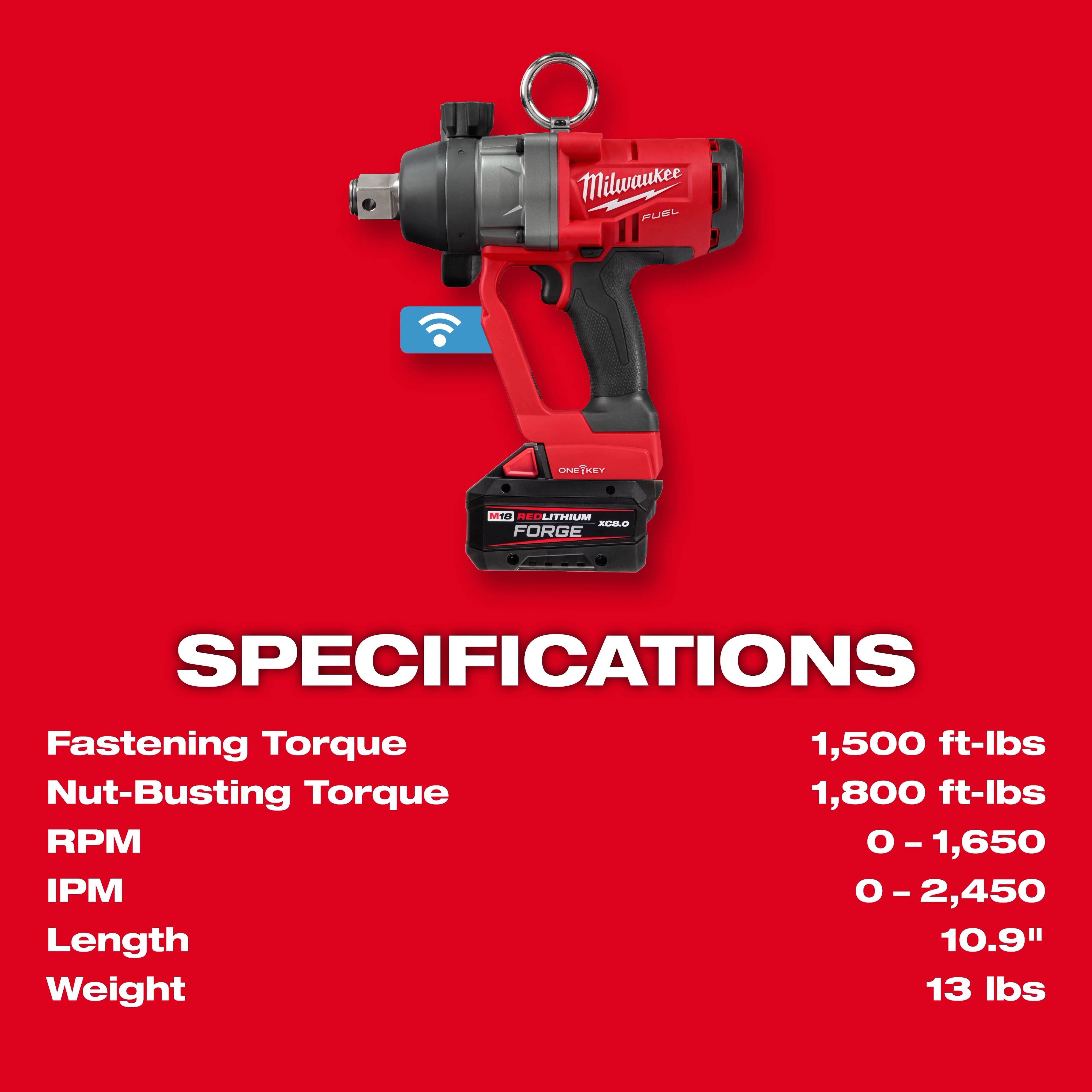 The image shows an M18 FUEL™ 1" High Torque Impact Wrench w/ ONE-KEY™ against a red background. Specifications: Fastening Torque 1,500 ft-lbs, Nut-Busting Torque 1,800 ft-lbs, RPM 0-1,650, IPM 0-2,450, Length 10.9", Weight 13 lbs.