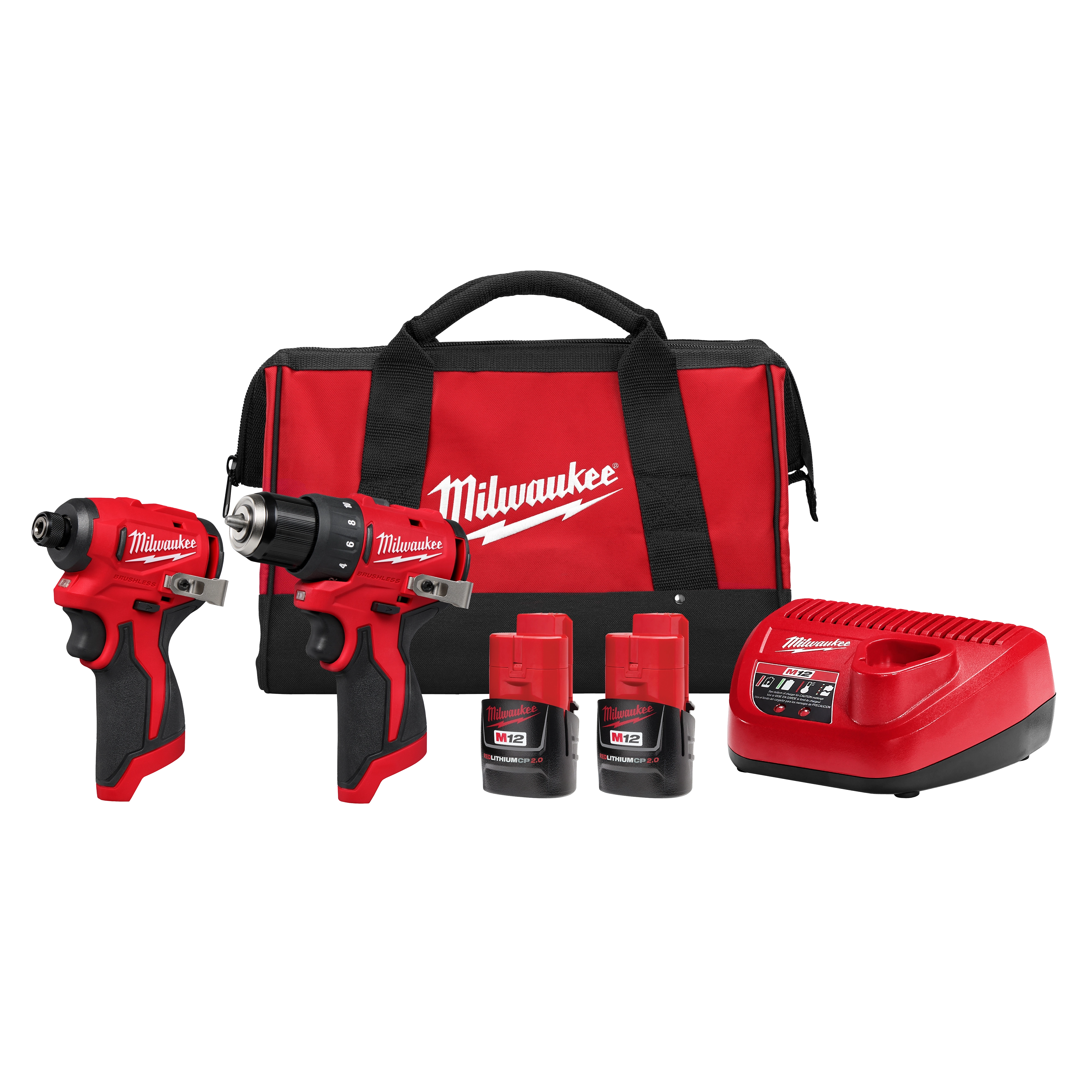 Image of the M12™ Subcompact Brushless 2 Piece Combo Kit that includes a compact driver, a drill, two M12 batteries, a battery charger, and a red and black carrying bag labeled "Milwaukee." The tools are primarily red with black and silver accents.
